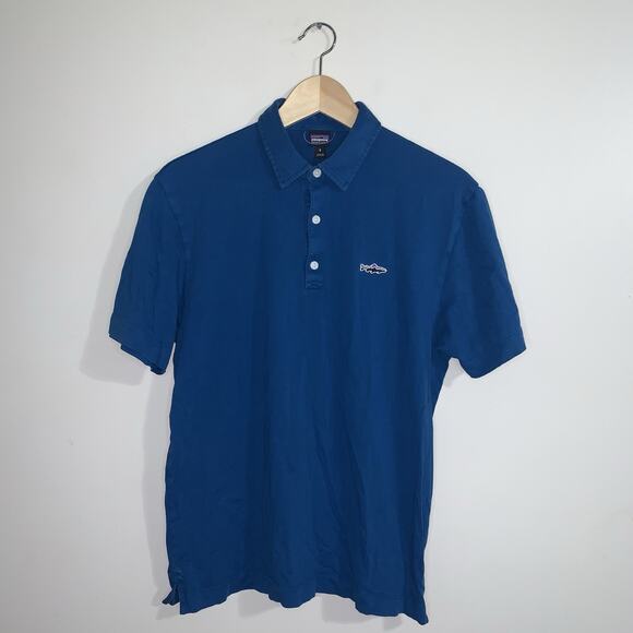 Patagonia Trout Logo Fitz Roy Polo Shirt Men's Small Blue Short Sleeve Buttons - Picture 1 of 14